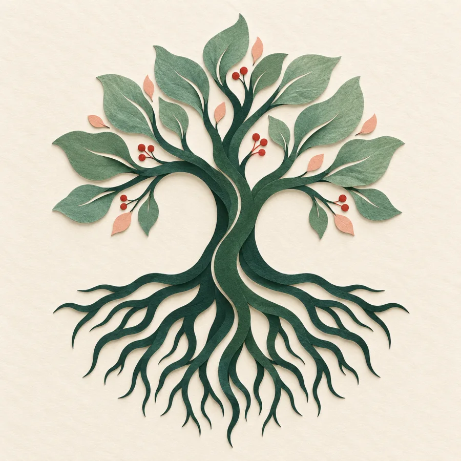 A tree whose roots and branches join in one continuous line