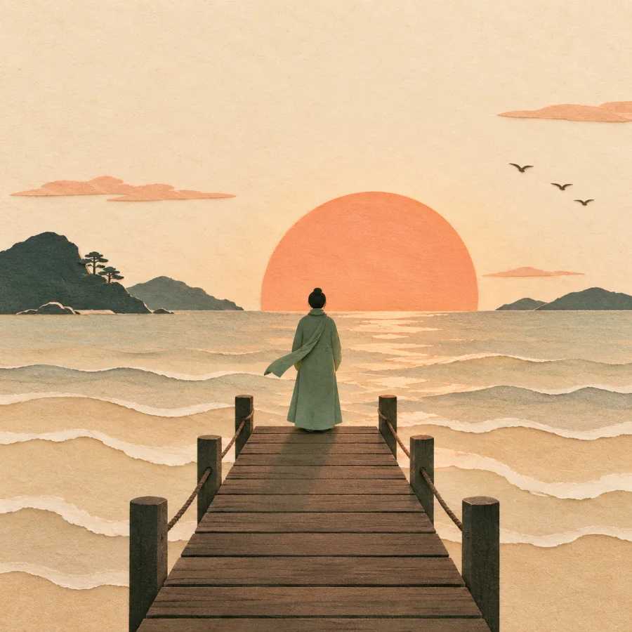 A setting sun over the sea and a person on a pier