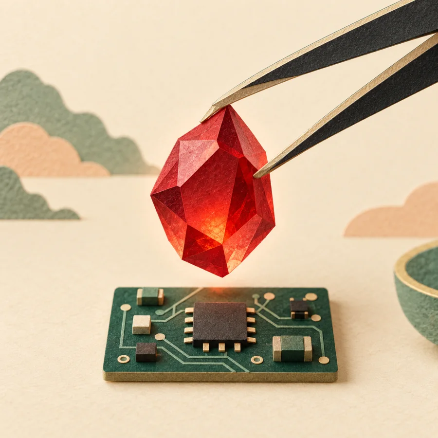 A rare crystal held by tweezers above a small circuit board