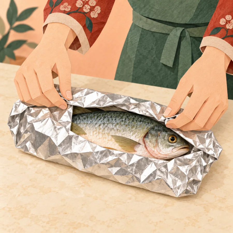 Hands wrapping a fish in foil on a kitchen counter