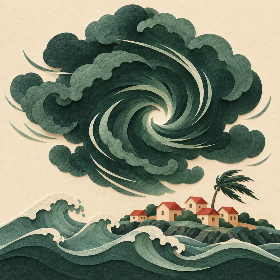 A storm with waves strikes a coastal village