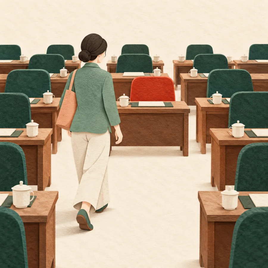 A person walks toward an empty chair in a meeting hall