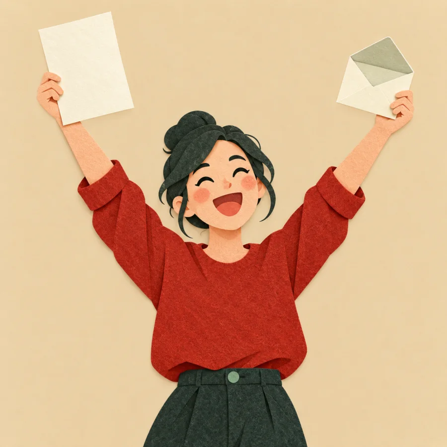 A person throws both arms up in joy, holding a letter