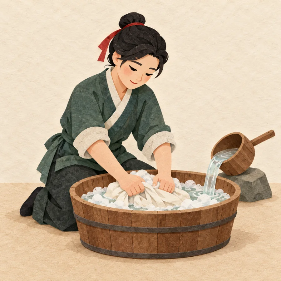 A person scrubs a cloth in a basin with suds