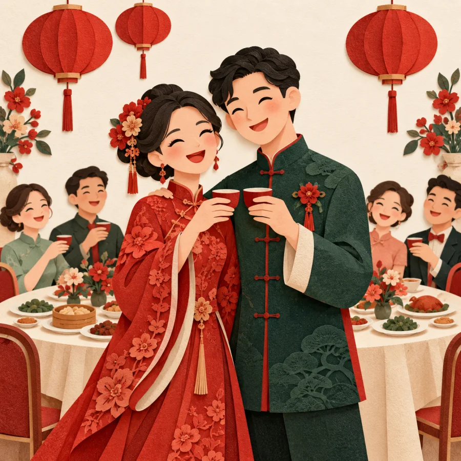 A couple raising cups before guests seated at a banquet