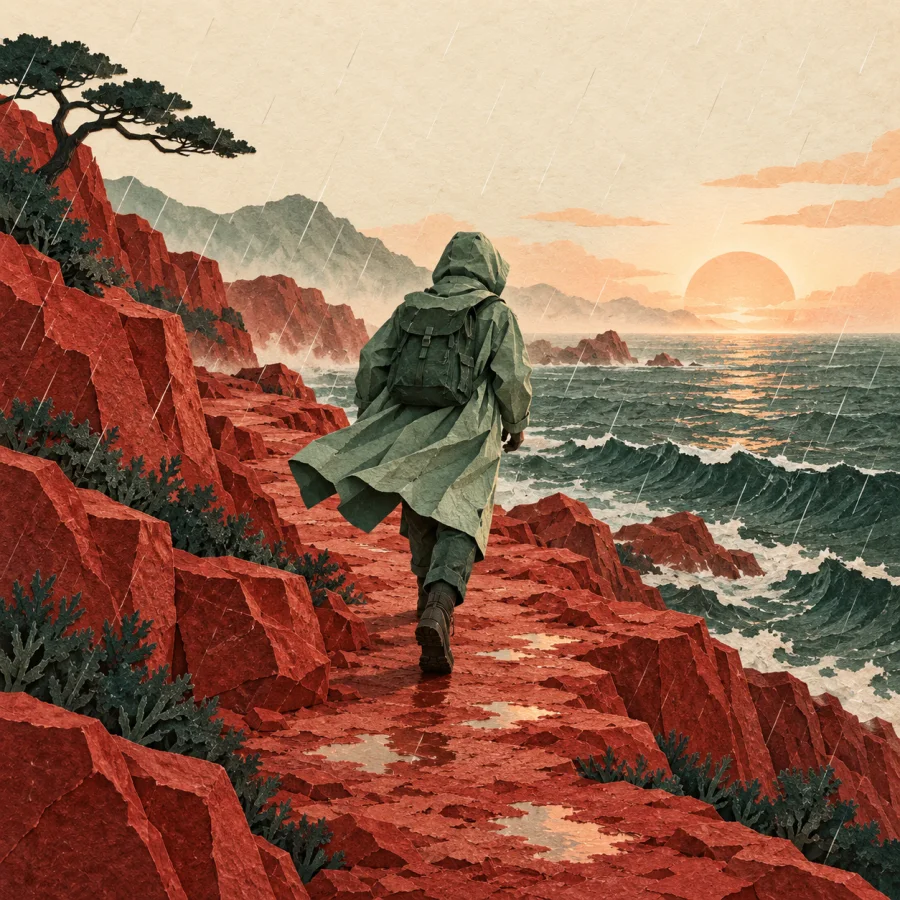 A person walks through a storm along a rocky path toward dawn