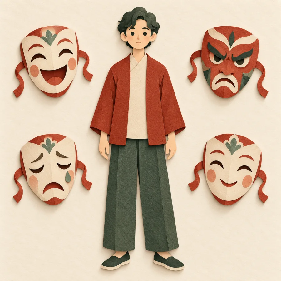 A person surrounded by four masks with different emotions
