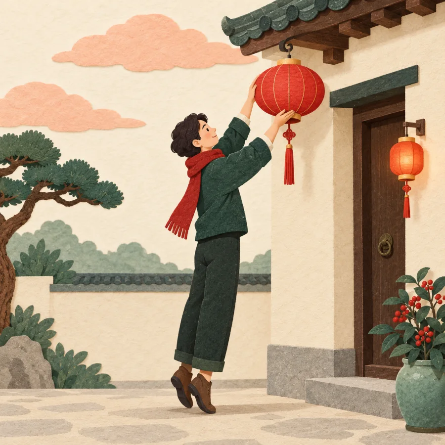 A person hanging a red lantern under the eaves of a house