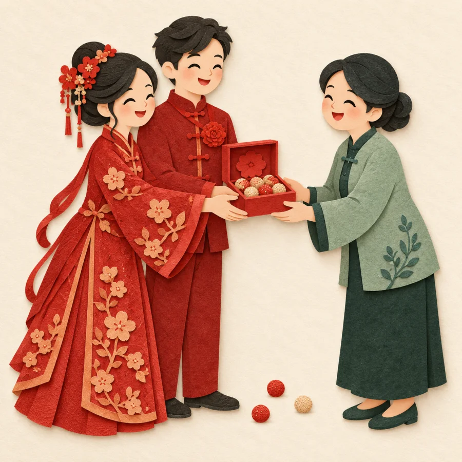 Bride and groom offer a neighbor a box of red wedding candies