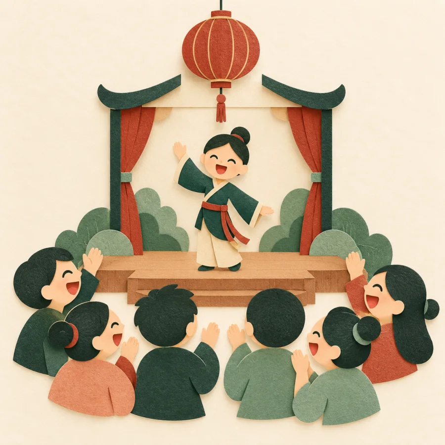 A happy crowd watches a performer waving from a small stage