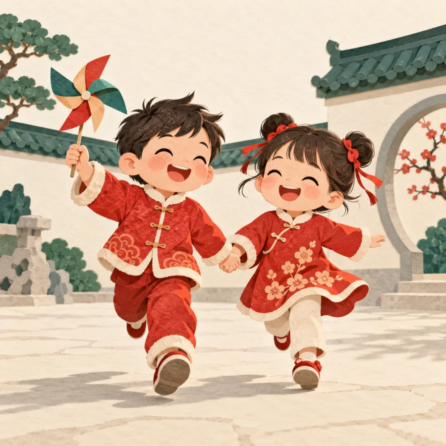 Children in new red clothes run laughing around a courtyard