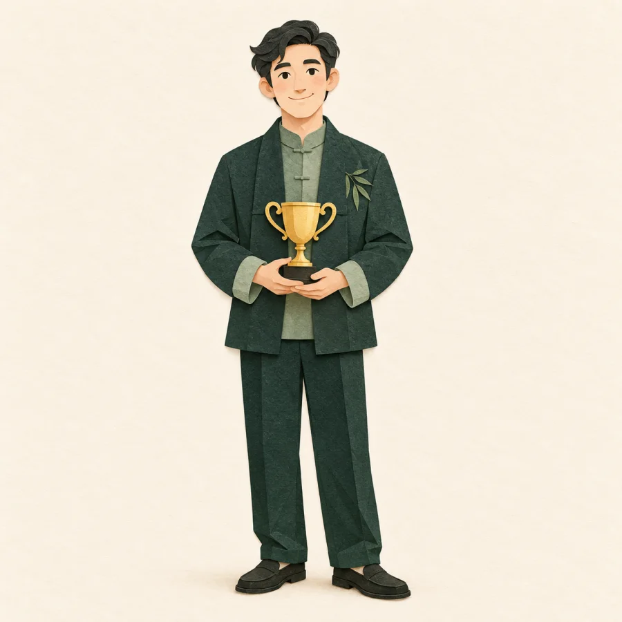 A calm man holds an award, joy shining in his eyes