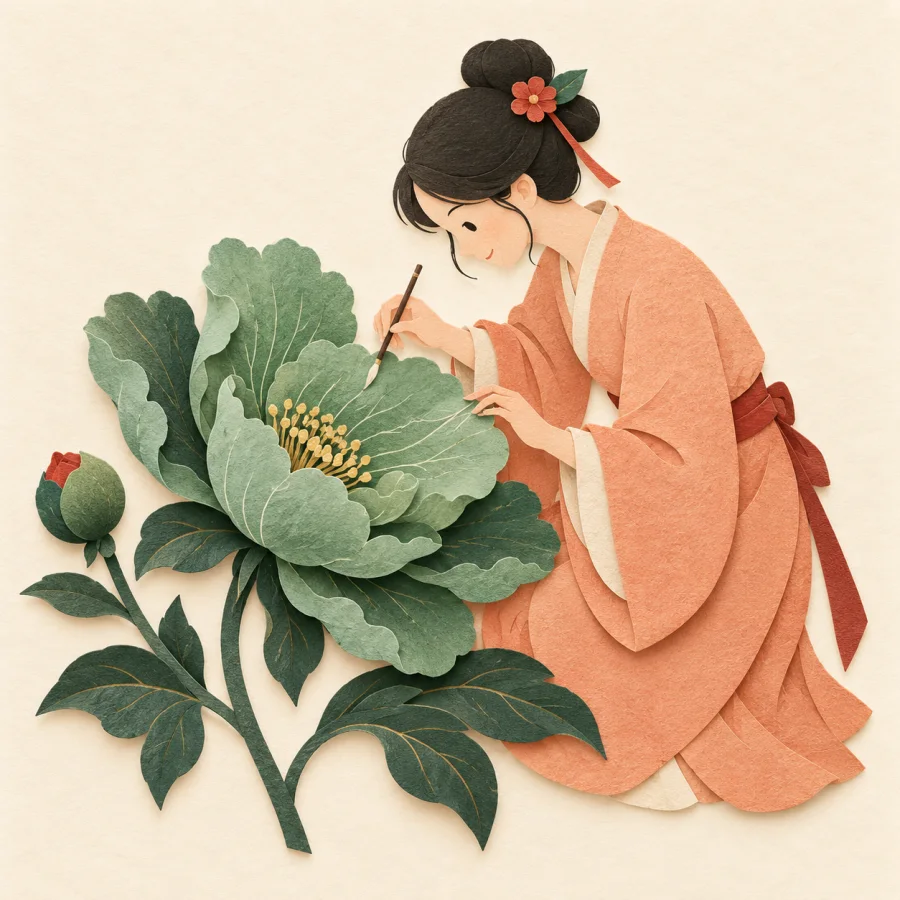 An artist paints fine flower petals with a very thin brush