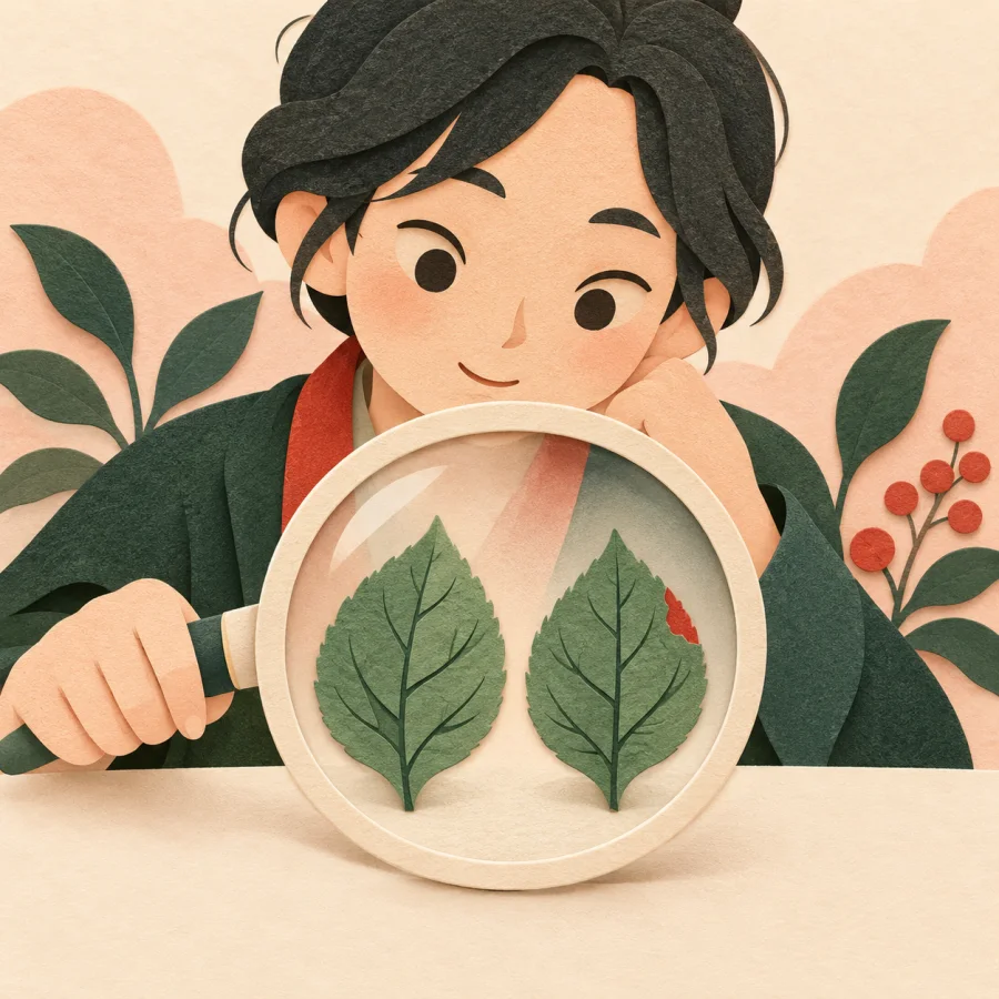 A person compares two nearly identical leaves with a magnifying glass