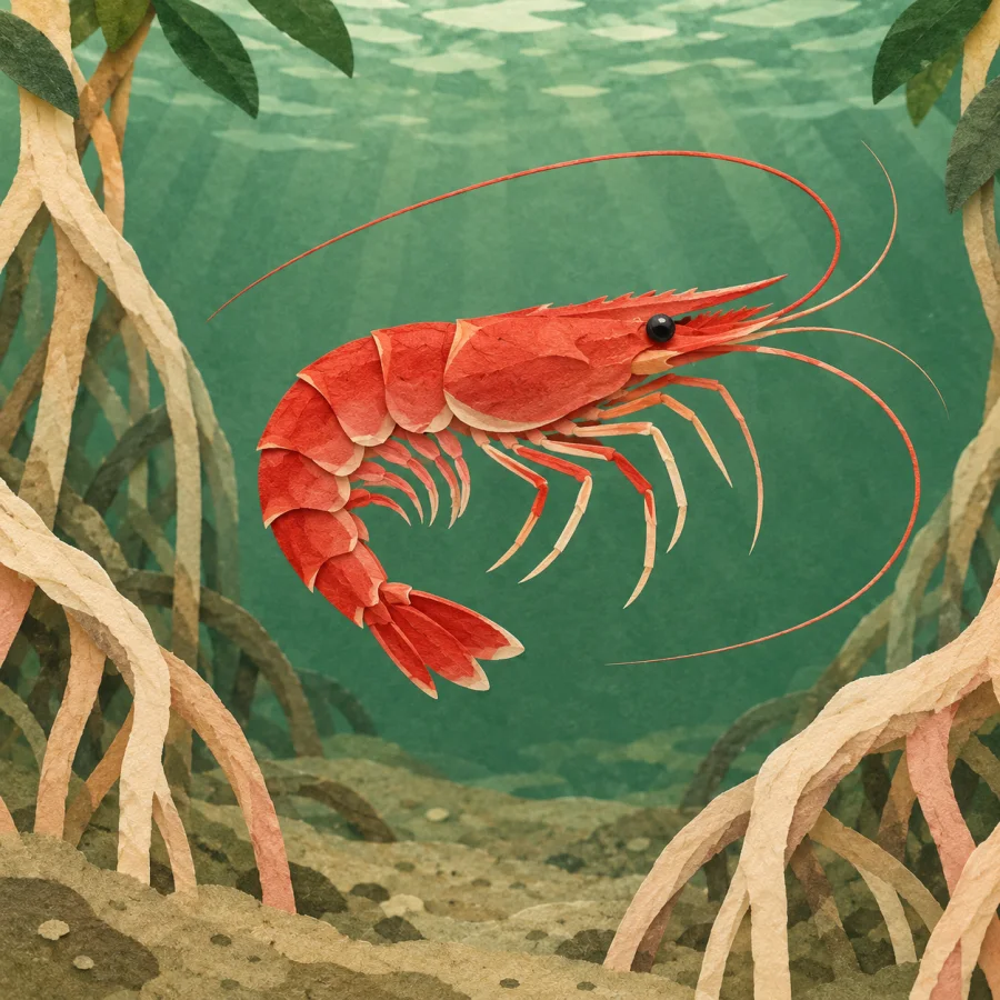 A red shrimp swims among the green roots of mangrove trees