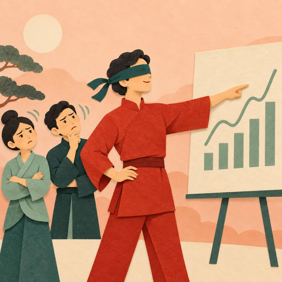 A blindfolded person points at a chart while doubting colleagues shake their heads
