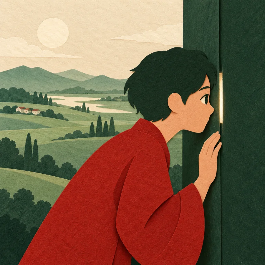 A person peers through a narrow gap in a wall, ignoring the wide landscape behind