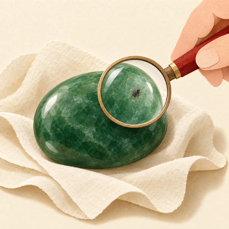 A jade stone with a small blemish examined under a magnifying glass