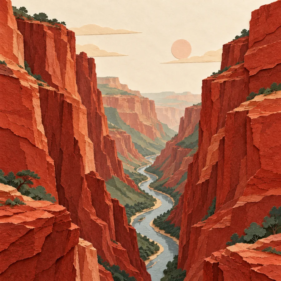 A deep canyon with a river between tall red cliffs