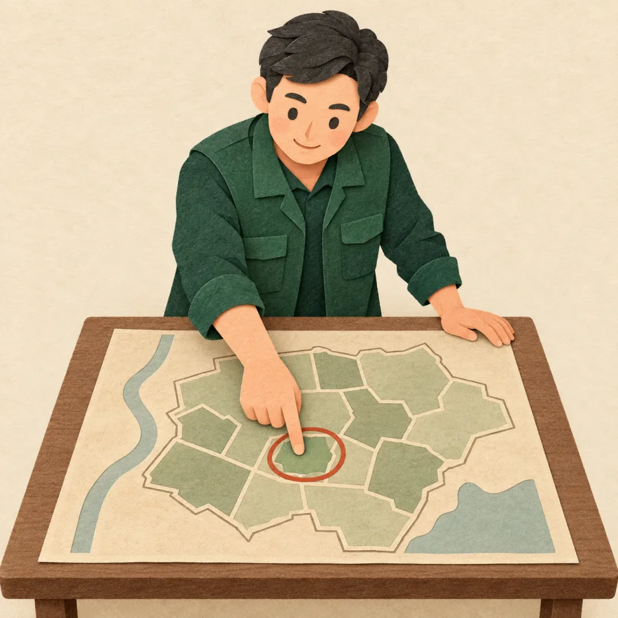A worker points at one district shown on a large map