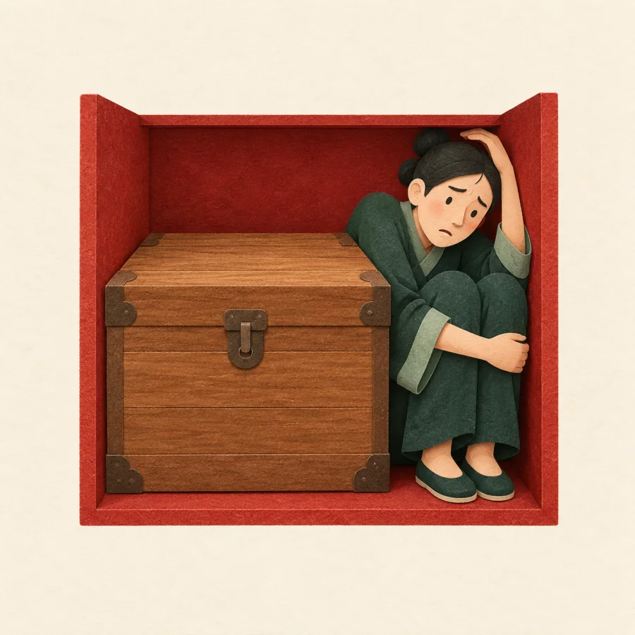 A person squeezed in a tiny room with a large wooden chest