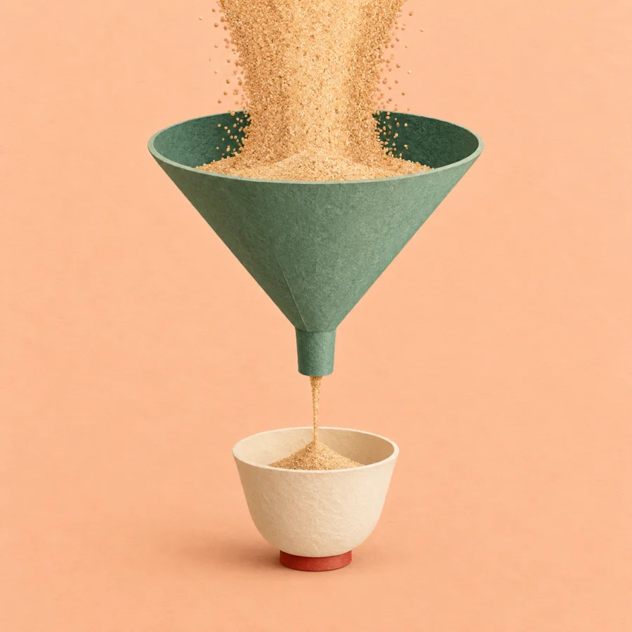 A funnel narrows a wide sand stream into a thin flow