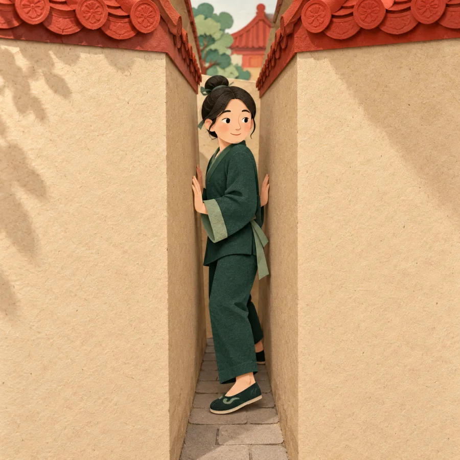 A person slips sideways through a narrow alley between walls
