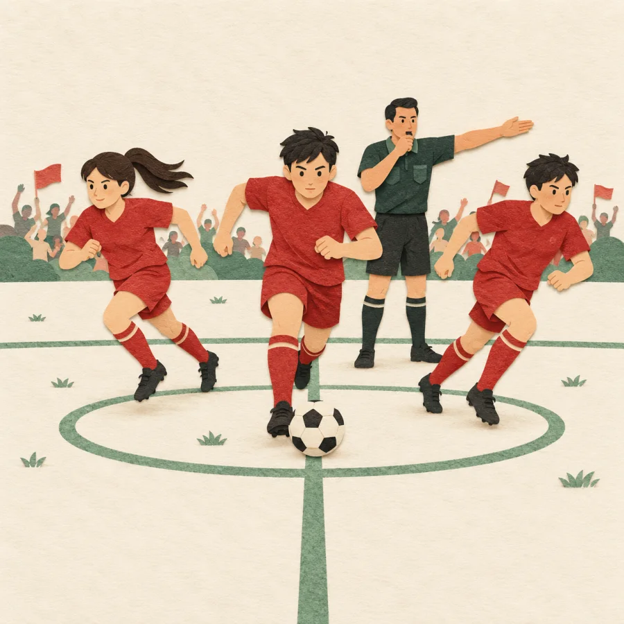 Football players restart the match with a referee's signal