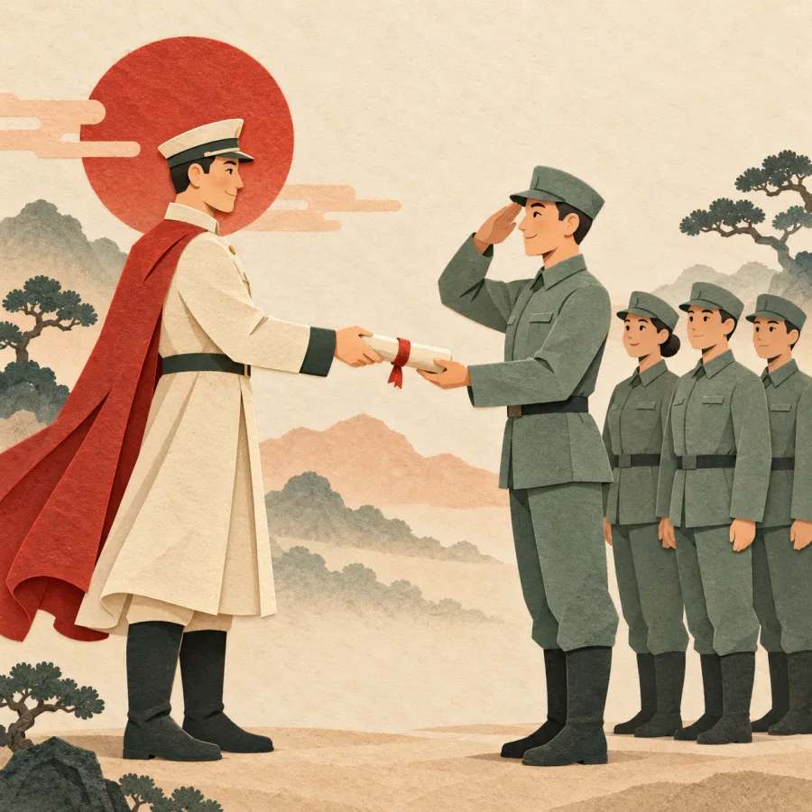 A commander hands a rolled order to a saluting team leader