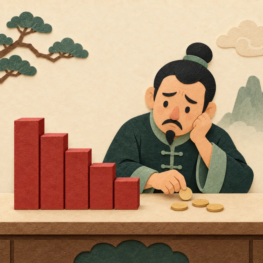 Descending red chart blocks beside a worried merchant
