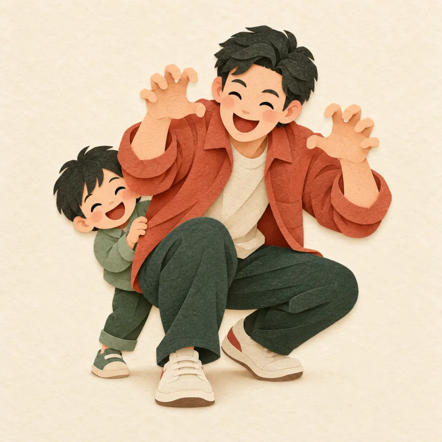 An adult makes a playful scary gesture while a child laughs