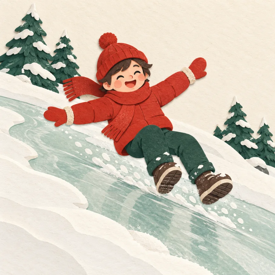 A person slides down an icy slope among pine trees