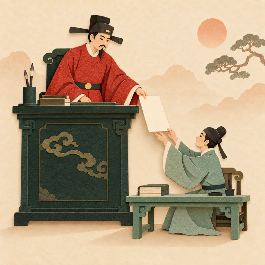 A boss hands a document down to a junior employee at a low desk