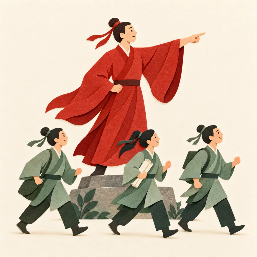 A leader on a raised spot orders a group with an outstretched arm