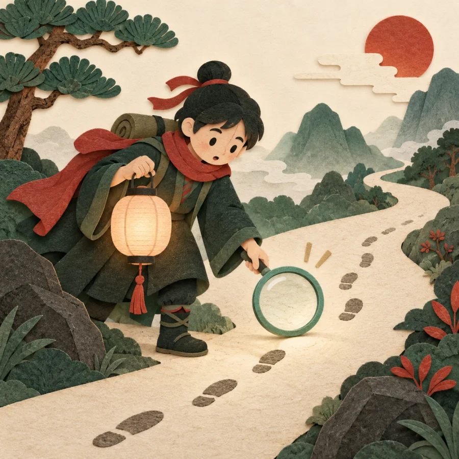 A person with a lantern searches where footprints end on a road