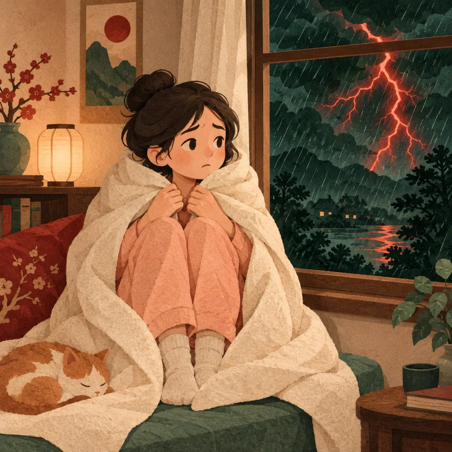 A frightened person hides under a blanket during a thunderstorm