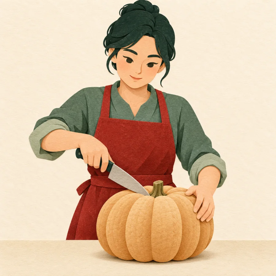 A person rolls up sleeves and gets set to cut a pumpkin