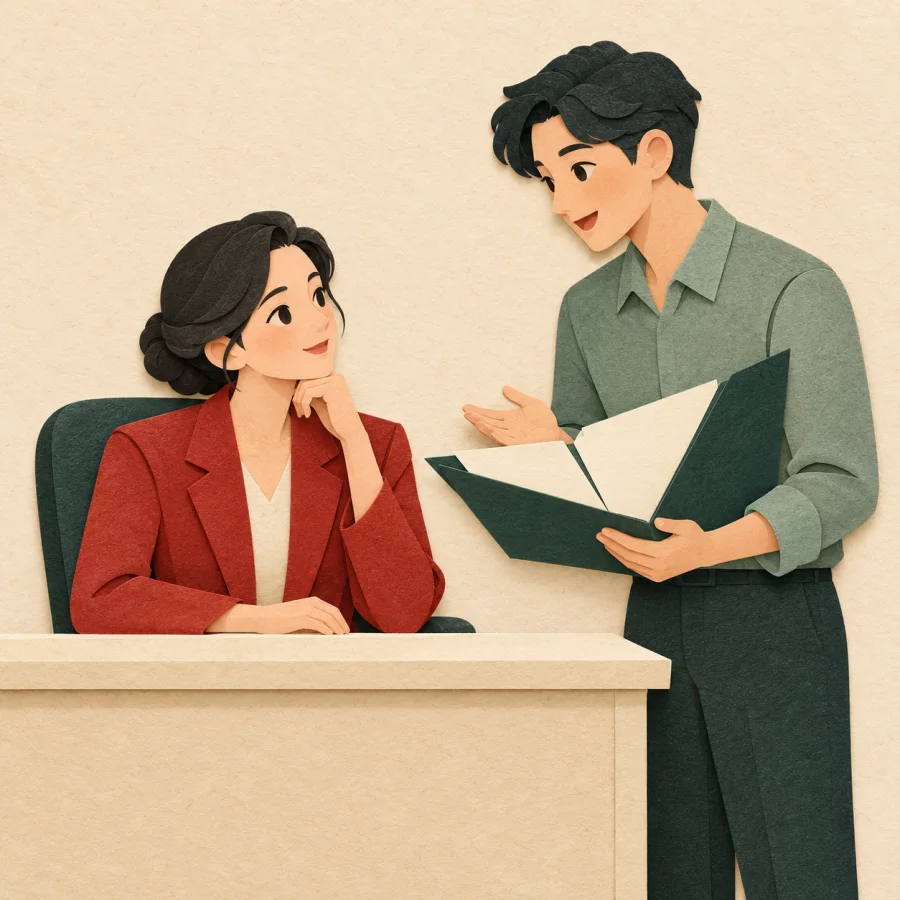 A manager at a desk listens to a subordinate holding a document folder