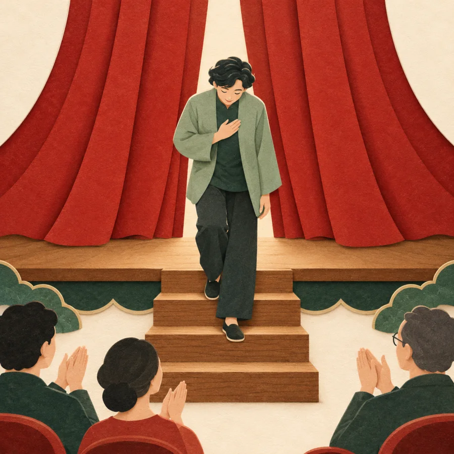 A person walks down from a stage as the audience claps