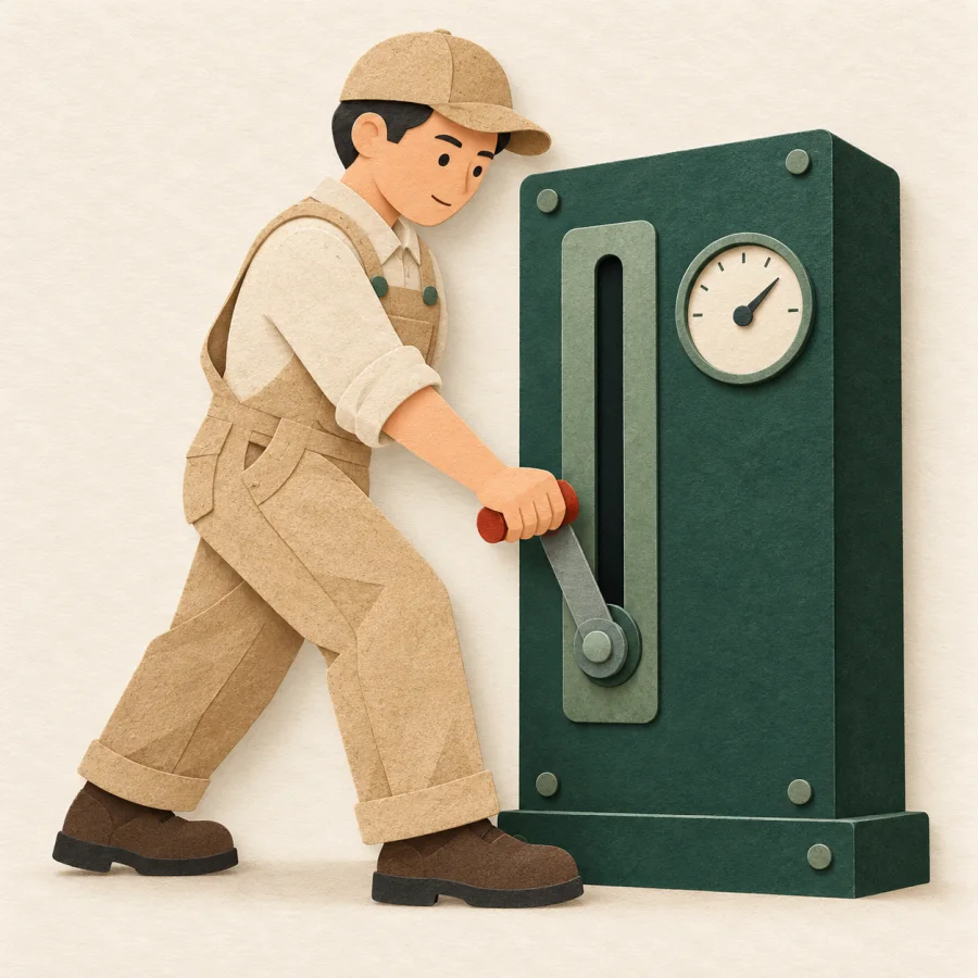 A worker slides a lever downward on a control panel