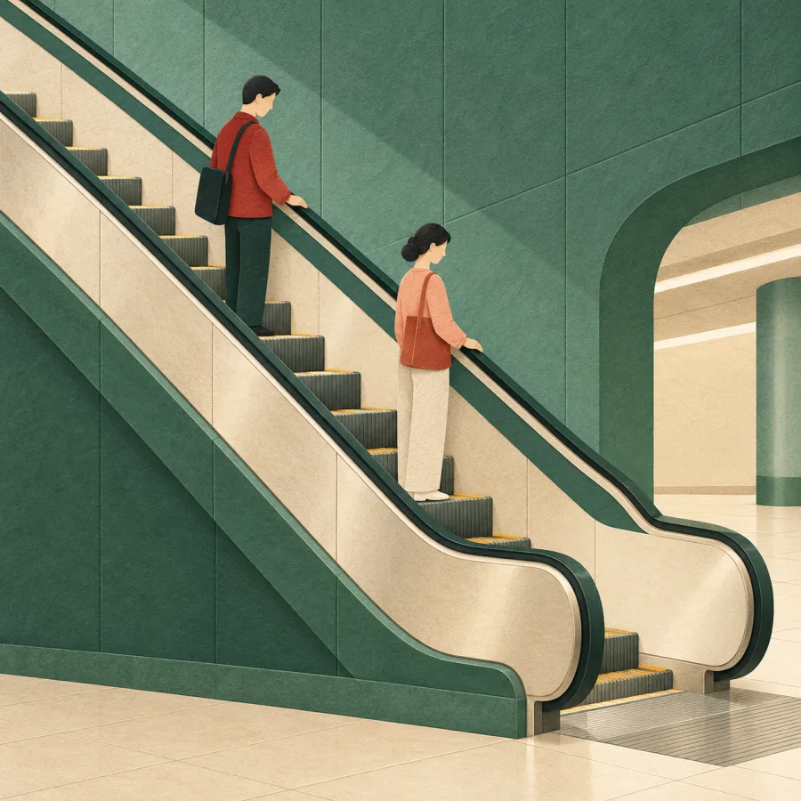 Passengers ride a downward escalator in a subway station