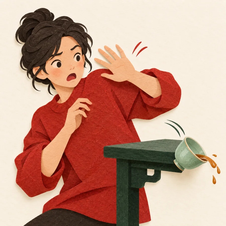 A person jerks their hand back from a falling cup