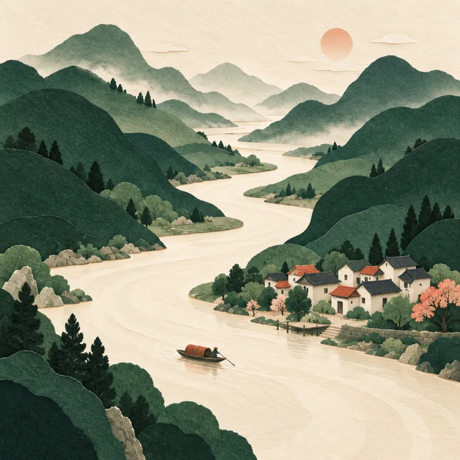 A river with a boat flowing toward a village in a green landscape