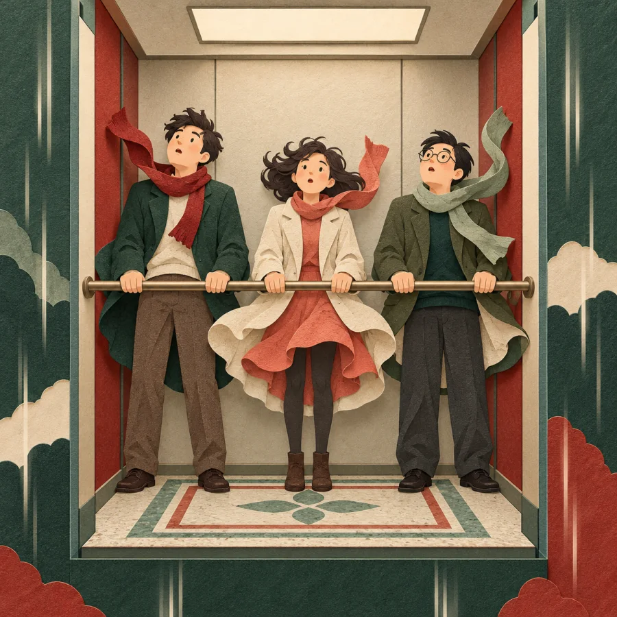 Elevator passengers gripping the handrail during a fall