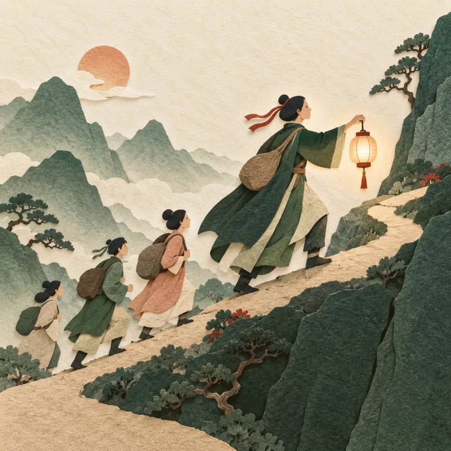 A figure with a lantern walking ahead of a group on a path