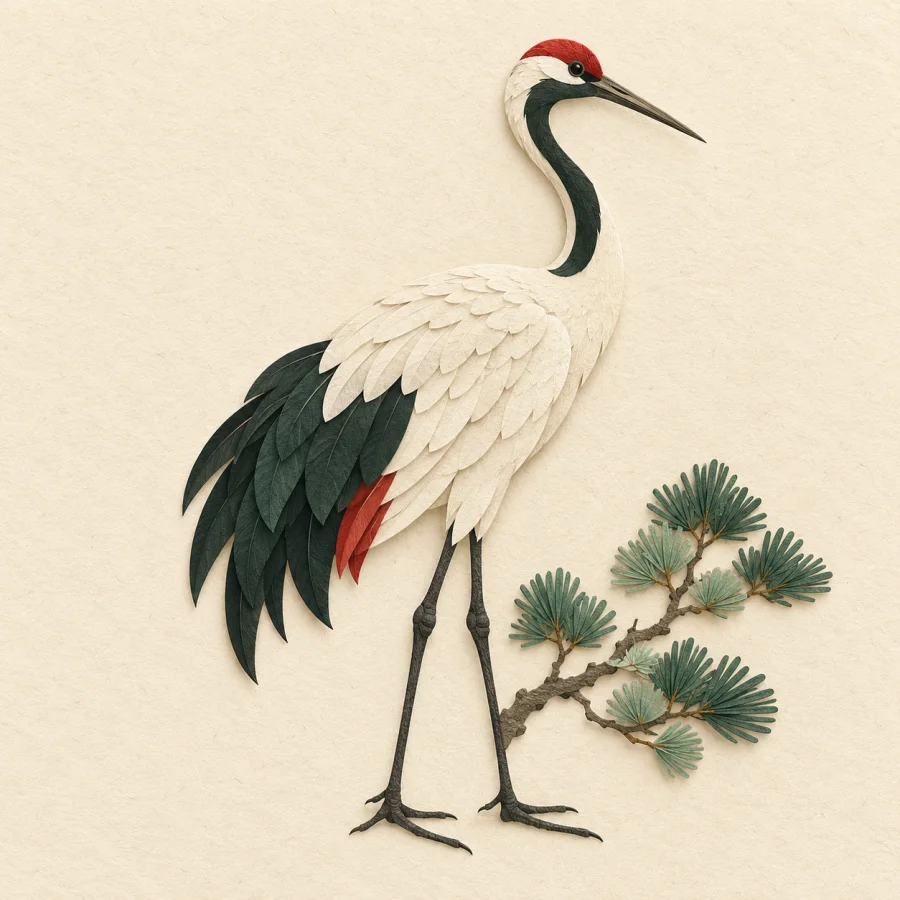 A red crane stands beside a green pine branch