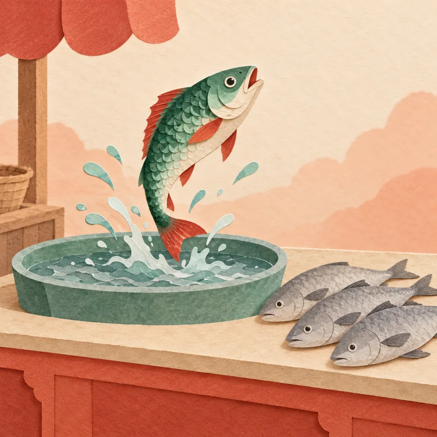 A fish jumps energetically in a basin beside dull grey fish