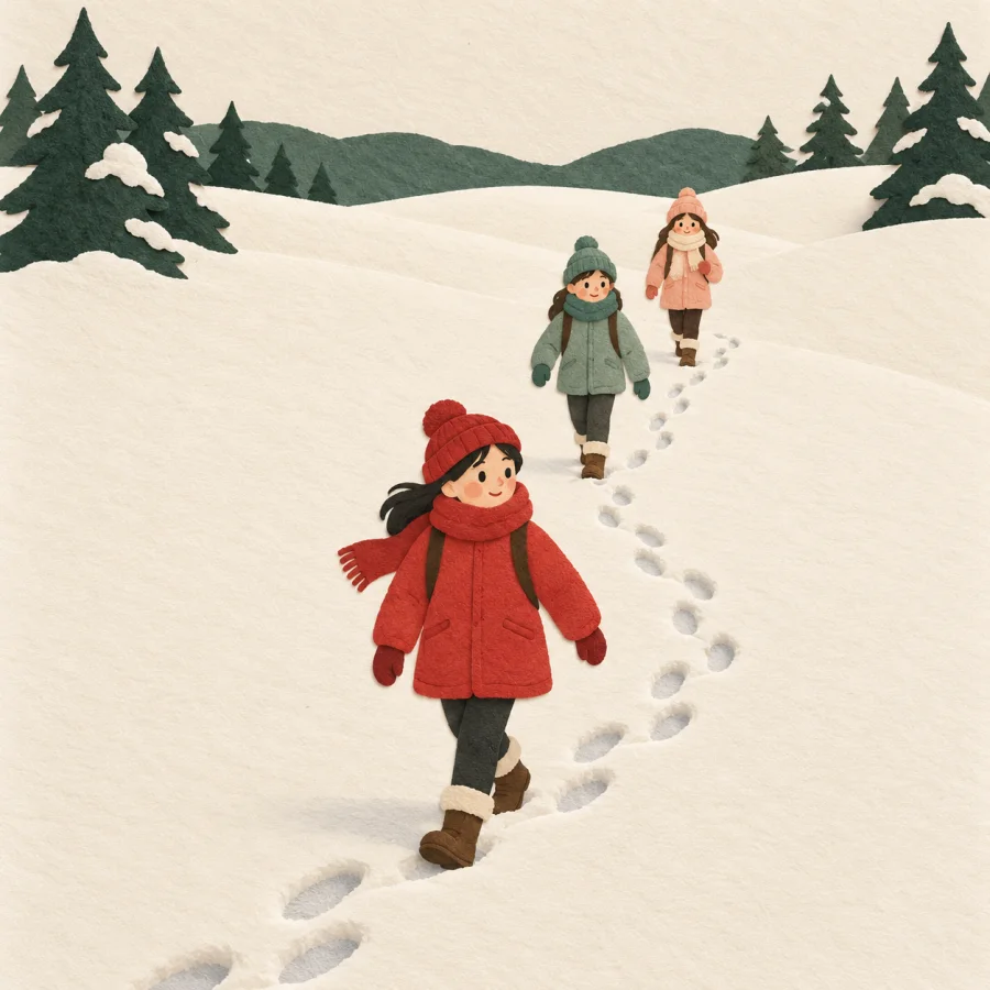 A walker crosses fresh snow, others follow the footprints