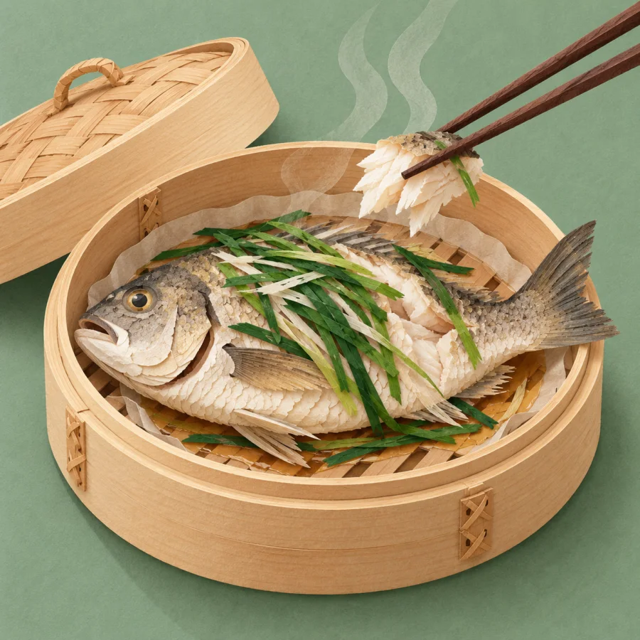 A bamboo steamer holds a fresh fish, chopsticks lift a piece