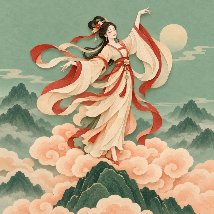 A graceful fairy dances on clouds above a mountain